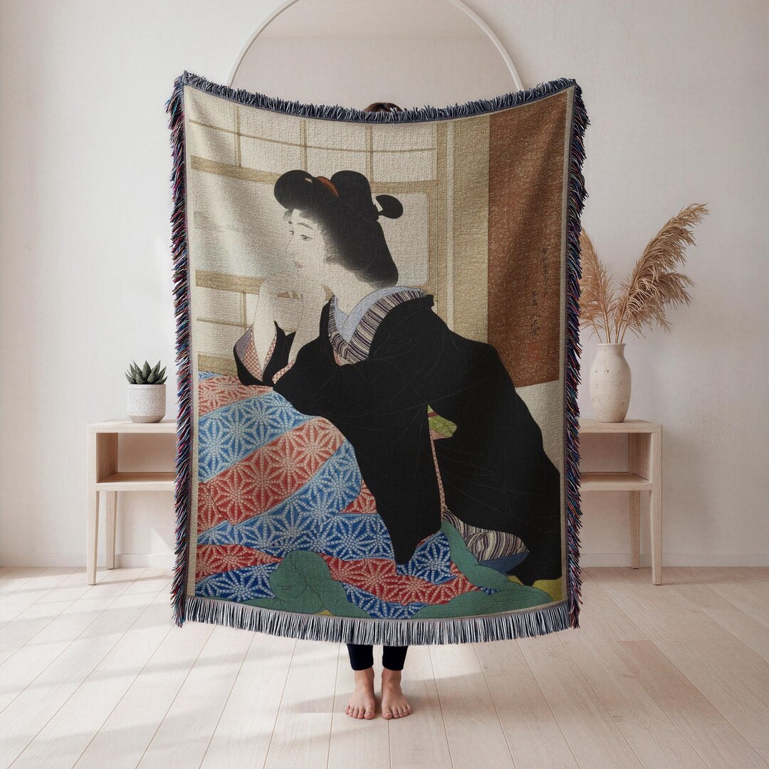 Japanese Pattern Throw Japanese Woman Woven Blanket, Elegant Portrait Tapestry Throw, Ukiyo-e ...