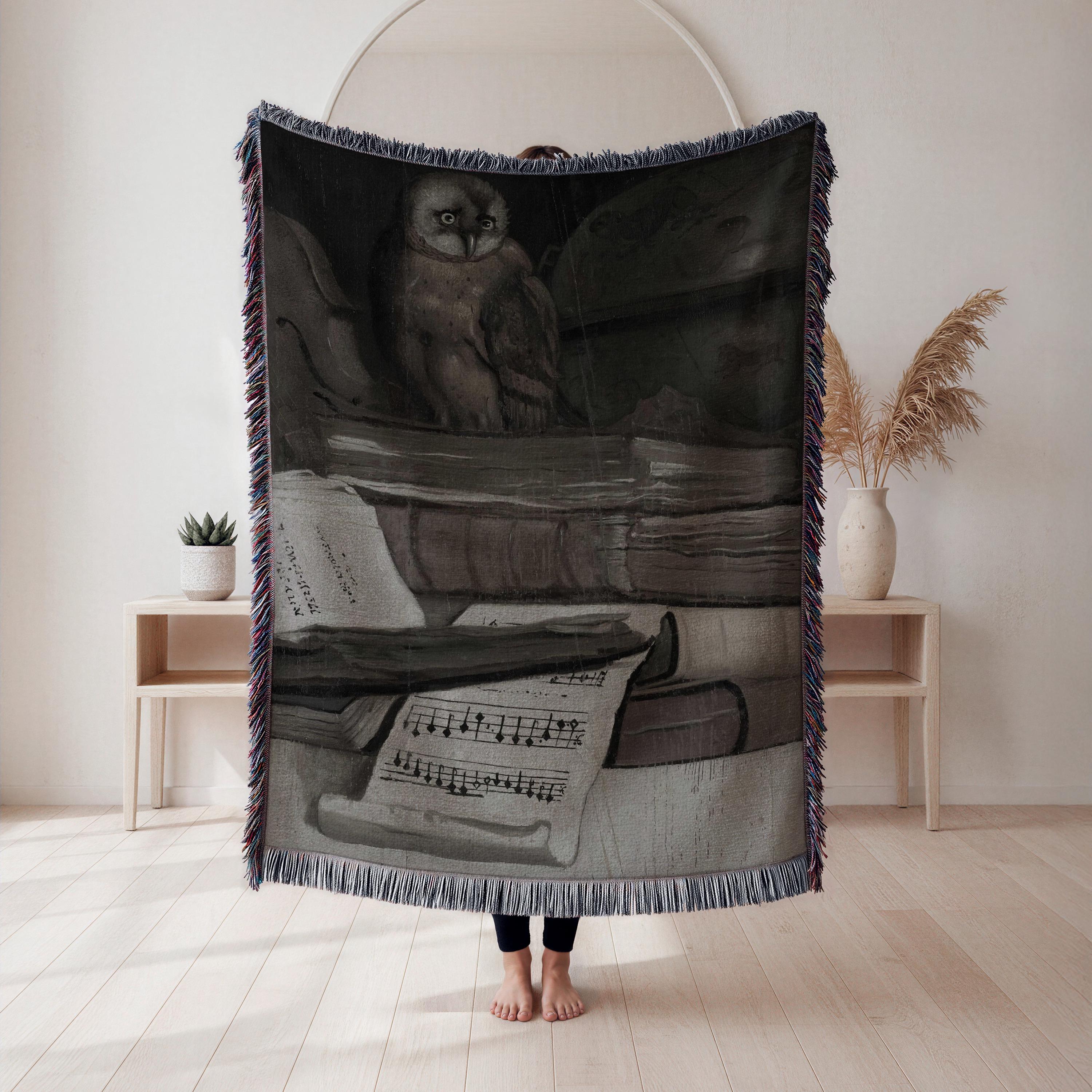 Owl and Books Woven Blanket, Vintage Still Life Tapestry Throw, Book Lover Decor, Art Lover Gift