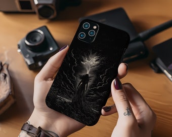 May include: A black phone case with a graphic of a woman standing in a dark, stormy sky. The woman is silhouetted against a bright flash of lightning.