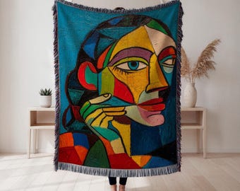 Manta tejida con retrato cubista, manta con arte geométrico colorido, decoración facial abstracta, manta artística para colgar en la pared, decoración de sala de estar