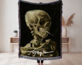 Van Gogh woven throw blanket, skull with cigarette art, skeleton home decor gift, Wall Tapestry, Home Decor, Art Blanket