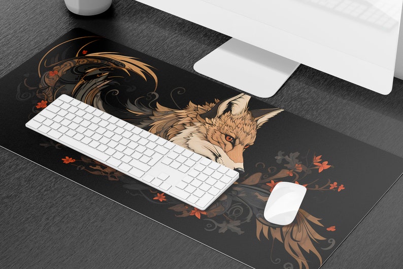 Fox Schreibtischunterlage Japanisches Mousepad Schwarz und Weiß, Japanische Ästhetische Gaming Schreibtischunterlage, XXL große Gaming Schreibtischunterlage Mauspad Bild 6