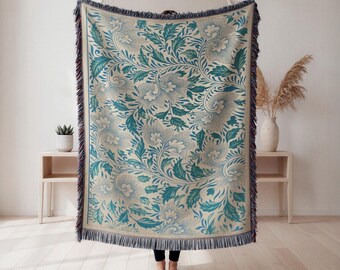 teal botanical floral swirl woven blanket, boho wall decor, living room accent, nature inspired home accessory, Wall Tapestry, Home Decor