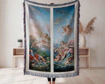 rococo cherub mural woven blanket, mythological art throw, pastel classical tapestry blanket, vintage rococo home decor, baroque style throw