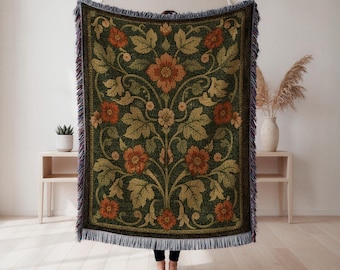 Botanical Floral Woven Blanket, Decorative Tapestry Throw, Home Decor Accent, Housewarming Gift, Cottagecore Tapestry, Wall Tapestry