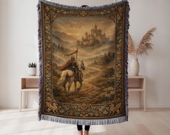 Knight and Castle Woven Blanket, Epic Castle Landscape Tapestry Throw, Medieval Home Decor, History Buff Gift, Wall Tapestry, Home Decor