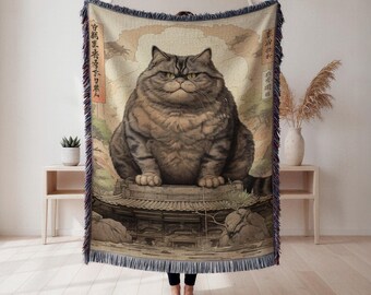 黒猫浮世絵織りブランケット 綿100% 日本のアートスタイル 神秘的な