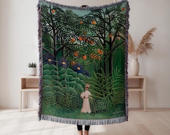 Tropical Jungle Scene Woven Blanket, lush botanical tapestry throw, vibrant nature wall decor, nature lover gift, Wall Tapestry, Home Decor