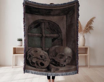 Skull Woven Blanket, Dark Still Life Tapestry Throw, Gothic Home Decor, Halloween Gift, Cottagecore Tapestry, Wall Tapestry, Home Decor