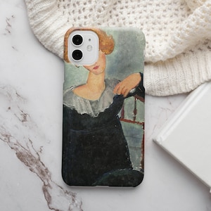 May include: A phone case featuring a painting of a woman with blonde hair wearing a black dress and a white collar. The background is a light blue color.