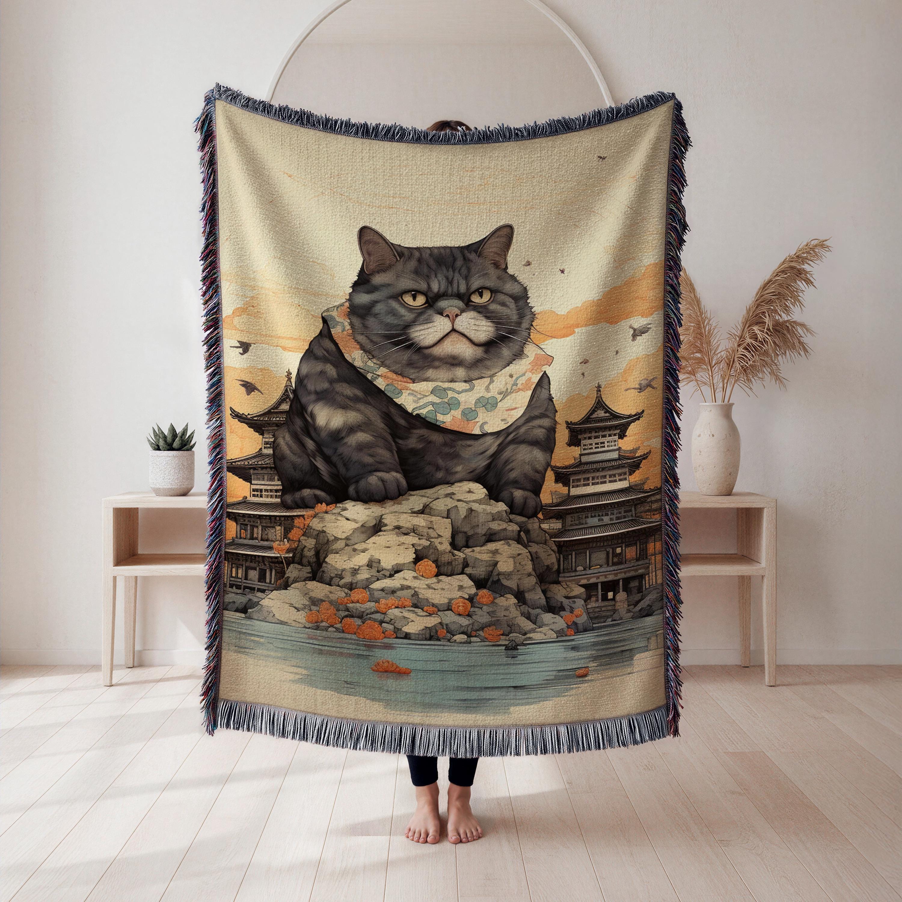 Cat Woven Blanket, Pagoda Landscape Tapestry Throw, Japanese