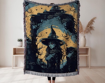 Witch Woven Blanket, Spooky Halloween Tapestry Throw, Halloween Decor, Witch Lover Gift, Wall Tapestry, Home Decor, Art Blanket