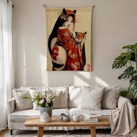 Kitsune Geisha Woven Blanket, Japanese Kimono Fox Spirit Design