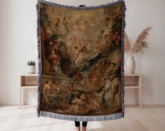 Heavenly Angelic Scene Woven Blanket, ornate celestial tapestry throw, majestic wall decor, religious gift, Wall Tapestry, Home Decor