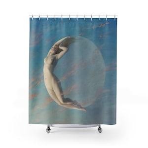 May include: A shower curtain featuring a painting of a nude woman with long hair, reaching up towards a large, crescent moon in a blue sky with clouds.