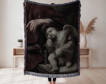 Cupid woven blanket, cherub angel decor, love mythology nursery accent, romantic bedroom throw, celestial home decor, Cottagecore Tapestry