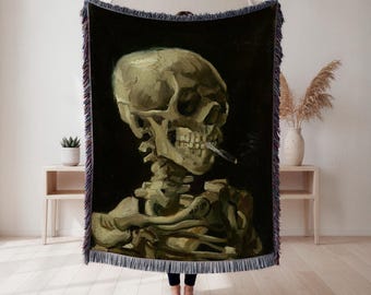 woven blanket, Vincent van Gogh Skull of a Skeleton with Burning Cigarette, gothic Halloween throw, skull art decor, spooky skeleton gift