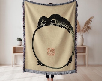 Manta tecida com sapos, manta japonesa, manta tecida, decoração japonesa, tapeçaria japonesa, manta azul, manta vintage, manta japonesa, presente japonês