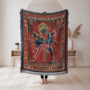 Multi-armed deity woven blanket, Tibetan thangka style art, spiritual home décor, unique gift, Wall Tapestry, Home Decor, Art Blanket