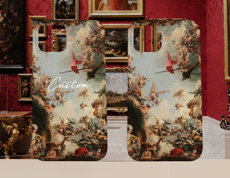 Puede incluir: Una funda para tel&eacute;fono con un dise&ntilde;o personalizado que presenta una pintura colorida de &aacute;ngeles y querubines en un cielo con nubes. El texto "Custom" est&aacute; escrito en blanco en la funda.