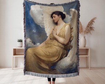 angel woven blanket, celestial cloud throw, classical art tapestry decor, angelic nursery bedding, vintage spiritual home accent, Home Decor