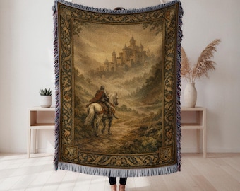 Knight on Horseback Woven Blanket, Atmospheric Medieval Tapestry Throw, Fantasy Home Decor, Adventure Lover Gift, Cottagecore Tapestry