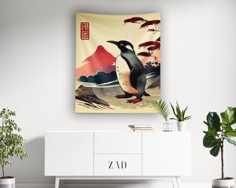 Tenture murale pingouin | Tapisserie japonaise | Tapisserie Ukiyo-e | Milieu du siècle | Art mural japonais | Impression d'art | Tapisserie vintage