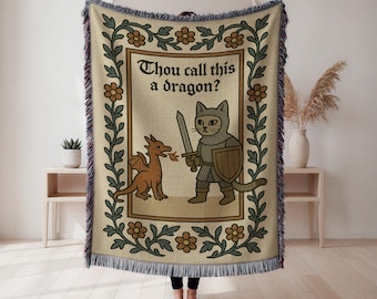 Medieval Cat Knight Woven Blanket, Wacky Dragon Tapestry Throw, Renaissance Faire Humor Decor & Gift, Wall Tapestry, Home Decor, Art Blanket