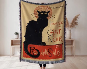 猫のイラストブランケットタペストリーアメカジビンテージ黒猫マンチカンぬこ ル・シャ・ノワール タペストリースロー：黒猫柄ベルギー織り