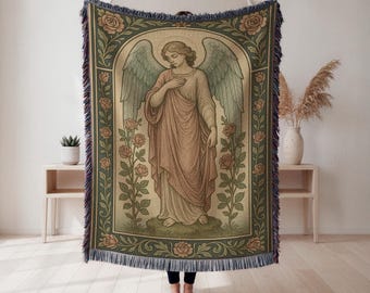 Manta tejida con flores de ángel, tapiz vintage estilo cottagecore, regalo cristiano para decoración del hogar, tapiz de pared, decoración del hogar, manta artística