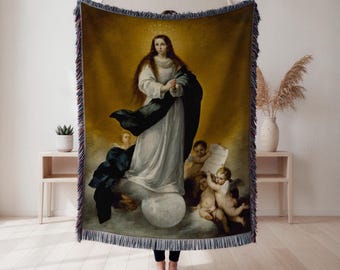 Manta Murillo com a Imaculada Conceição, Tapeçaria Artística da Virgem Maria e Querubins, Decoração de Parede Clássica, Presente para Amantes da Arte, Decoração para Casa