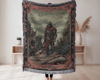 Tkany koc z motywem średniowiecznego rycerza, gobelin z motywem fantasy, wystrój średniowieczny dla fanów fantasy, prezent dla gracza, gobelin ścienny, wystrój domu