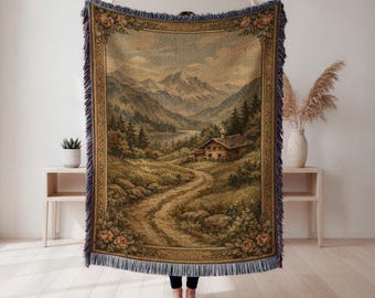 Manta tejida con paisaje de cabaña de montaña, tapiz rústico de montaña, decoración de cabaña, regalo para amantes de la naturaleza, tapiz cottagecore