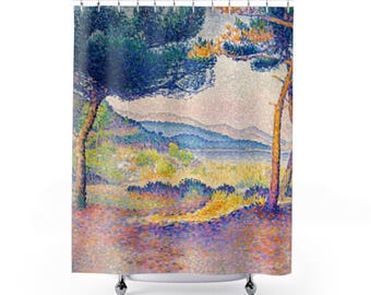 May include: A shower curtain featuring a painting of a landscape with two pine trees in the foreground and a mountain range in the background. The painting is done in a pointillist style, with small dots of colour creating the image.