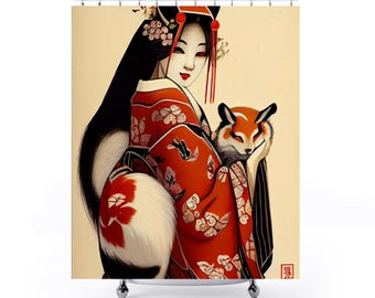May include: A woman in a red and white kimono with a fox in her arms. The woman has long black hair and red lips. The fox is white and orange with black eyes. The background is a light beige color.