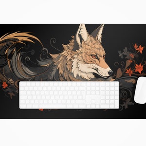 Fox Schreibtischunterlage Japanisches Mousepad Schwarz und Weiß, Japanische Ästhetische Gaming Schreibtischunterlage, XXL große Gaming Schreibtischunterlage Mauspad Bild 5