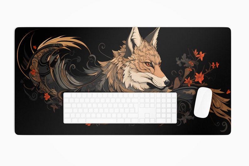 Fox Schreibtischunterlage Japanisches Mousepad Schwarz und Weiß, Japanische Ästhetische Gaming Schreibtischunterlage, XXL große Gaming Schreibtischunterlage Mauspad Bild 5