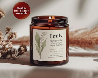May Birth Flower Scented Soy Candle (Amber Jar), Lily of the Valley Birthday Gift for Her, Birth Month Candle Decor