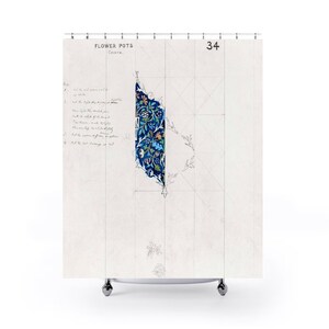 Puede incluir: Un dibujo en blanco y negro de un diseño floral azul y blanco con el texto "FLOWER POTS China" y "34" en la página.