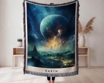 Earth Woven Blanket, Celestial Planet Illustration Tapestry Throw, Space Decor, Astronomy Fan Gift, Wall Tapestry, Home Decor, Art Blanket