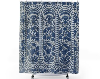 May include: A shower curtain featuring a repeating vertical pattern of dark blue floral and botanical motifs on a light gray background. The design consists of three distinct arched panels filled with intricate blossoms and leaves.