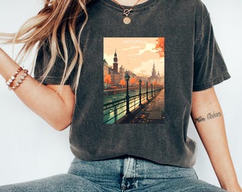 May include: A dark gray t-shirt with a vintage-style graphic of a canal scene in Amsterdam. The graphic features buildings, trees, and a bridge over the canal. The text "AMSTERDAM" is printed above the graphic.