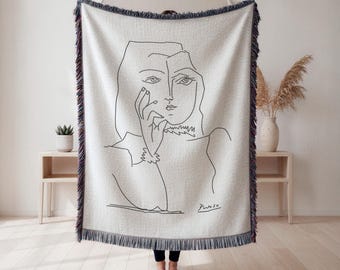 Manta tejida de Picasso, retrato abstracto de arte lineal, decoración moderna para el hogar, regalo para amantes del arte, tapiz de pared, decoración del hogar, manta artística