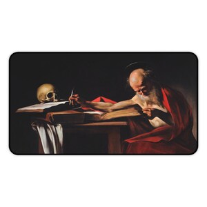 May include: A painting of a man with a long white beard, wearing a red robe, writing in a book. A skull is on the table next to him.