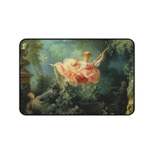 May include: A woman in a pink dress swings on a rope swing in a lush green garden. A man in a brown suit watches from below, while a cherub sits on a rock nearby. The scene is painted in a soft, romantic style.