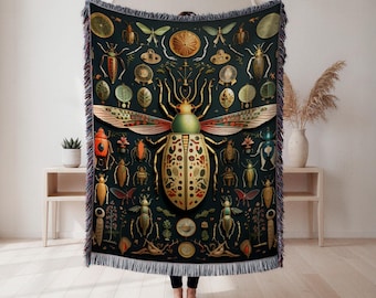 Manta tejida de escarabajo, tapiz de historia natural, decoración de entomología, regalo para amantes de la naturaleza, tapiz de pared, decoración del hogar, manta artística