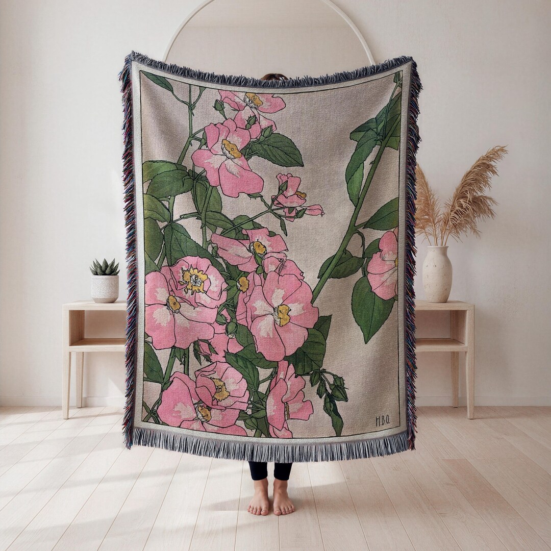 Pink Roses Woven Blanket, Botanical Illustration Tapestry Throw, Bright ...