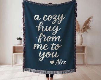 Long Distance Woven Throw Blanket, Personalized Missing You Gift, Hugs Throw for Girlfriend, Moving Away Relationship Gift, Wall Tapestry