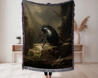 Black Beetle Woven Blanket, Dark Atmospheric Nature Tapestry Throw, Bug Lover Home Decor, Entomology Enthusiast Gift, Wall Tapestry