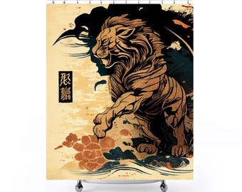 May include: Shower curtain with an Asian-inspired lion illustration in brown, black, and beige. The design includes floral and wave motifs. The lion is in a dynamic pose, with a fierce expression. The curtain is suitable for a standard shower.